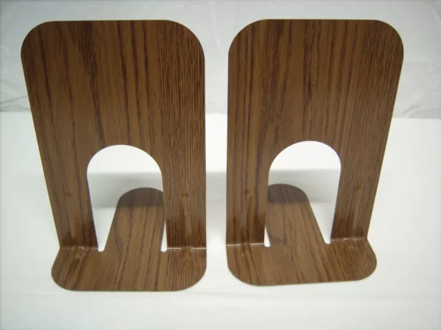 Vtg MGM Pair Wood Grain Finish Metal Bookends Industrial Library Cork Bottoms