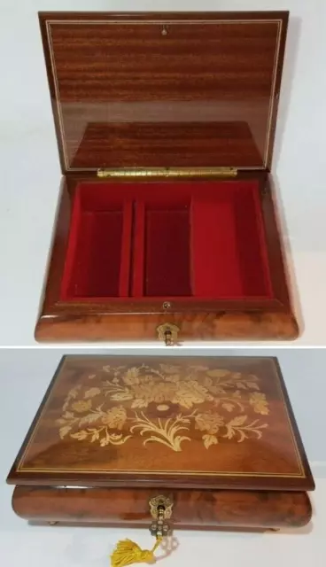 Exquisite Sorrento Italian Inlaid Burl Walnut Jewellery Box & Key - Blue Danube