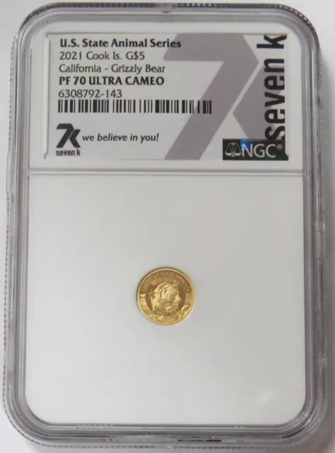 2021 Gold Cook Islands $5 California Grizzly Bear 1/2 Gram Coin Ngc Pf 70 Uc