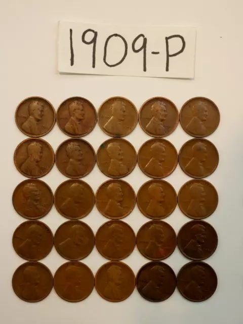 1909-P Cent Half Roll Solid Date = 25 Lincoln Wheat Pennies (8+ Items Ship Free)