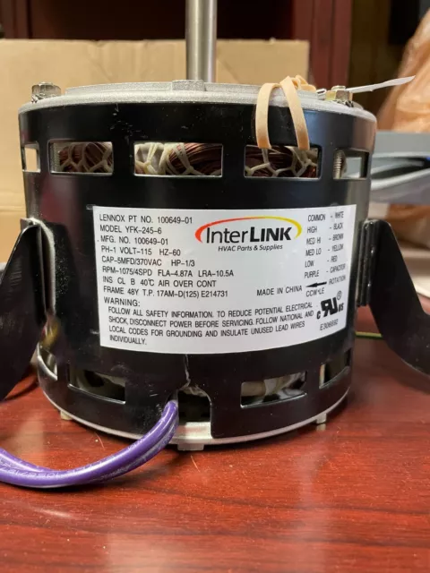 Interlink Lennox Blower Motor YFK-245-6 100649-01 1/3HP 1075RPM/4SPD **H2**