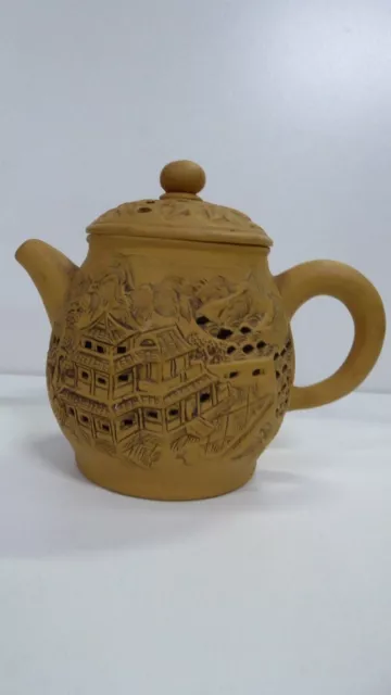 Asian Antique Japanese Pottery Teapot Incised Carved Decorative