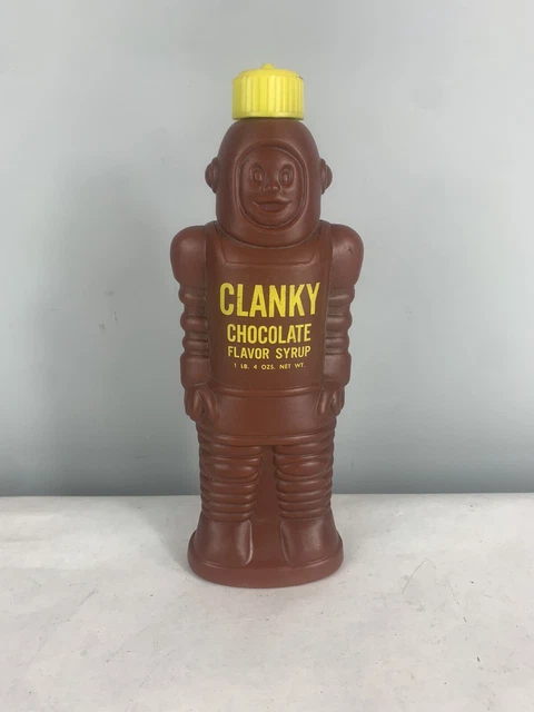 CLANKY Chocolate Flavored Syrup 1963 Bottle Empty Robot Spaceman Vintage