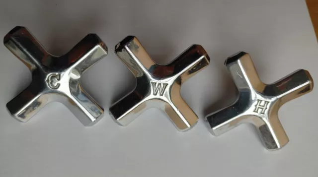 Vintage Brass Faucet Handles Set of 3 Heavy Chrome/Nickel Sink Tub Knobs