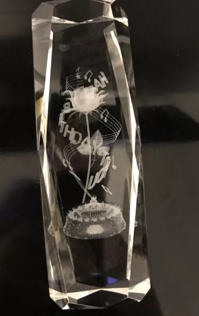 Laser Etched Crystal Clear Glass 3D Cube Paperweight 6 x 2 Happy Birthday Inside