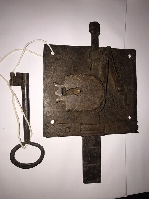 French 18th Century Wrought Iron Lock Original Key On A Square Plate 15cm X 14cm