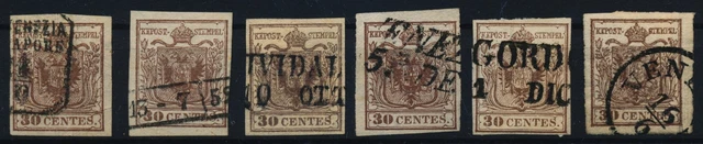 LOMBARDEI-VENETIEN 1850 6Marken:30C, HANDPAPIERE! Schöne Farben/FARBVARIANTE!