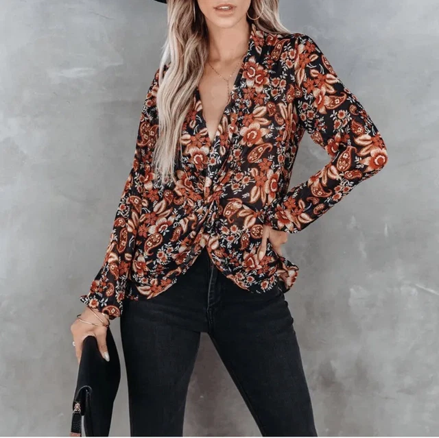 Vici Women's Aurelle Floral Front Knot Chiffon Blouse Size Medium