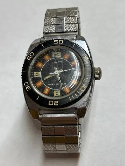 Timex Diver Style Wristwatch Black Bezel, Orange Markings On Dial, Vintage Timex