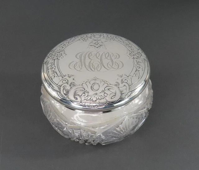 Am Brilliant Cut Glass and Sterling Lid Gorham Ladies Dresser Jar w/ Puff