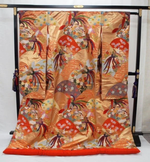 Japanese Kimono Uchikake Luxurious Wedding Pure Silk Gold Phoenix cherry blossom