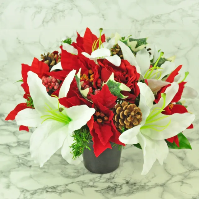 Artificial Silk Flowers Luxury Christmas Grave Pot Arrangement Red & Ivory