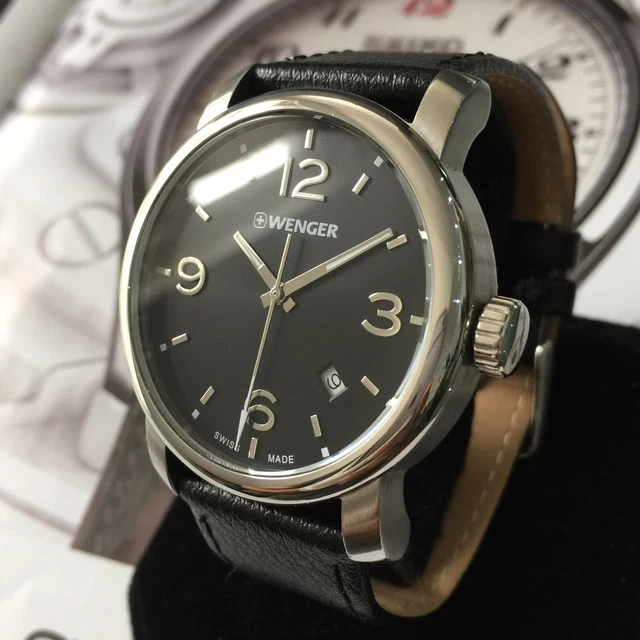MENS WENGER WATCH Swiss Made Quartz Steel Black Leather 1041.10