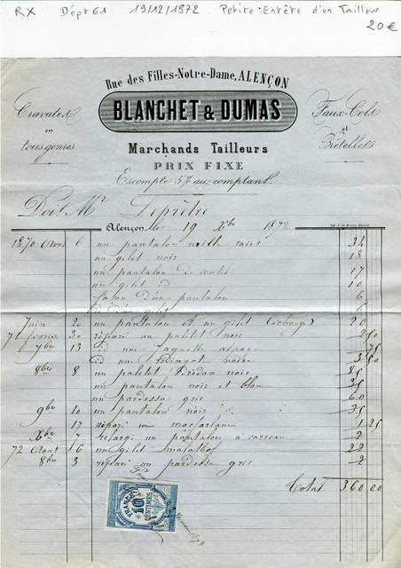 Dept 61 - Alençon 56 Rue des Filles Notre Dame - small header of a tailor 1872