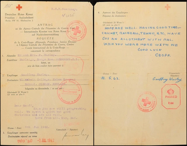 8539) Rotkreuz-Nachrichten Brief 9.1.42 Guernsey nach England Antwort 11.5.42