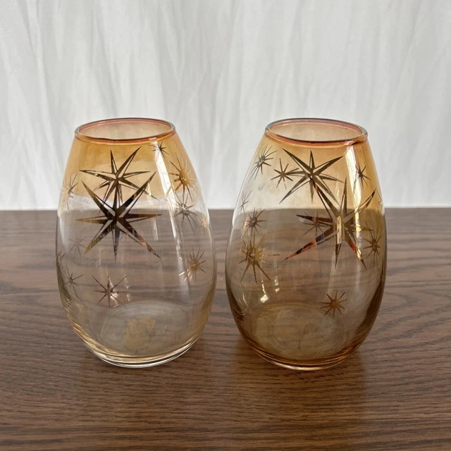 Vtg Bartlett Collins Amber Starburst Vase Atomic Textured Gold MCM set of 2