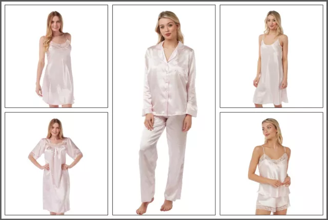 Ladies Sexy Pink Long Satin Chemise PJs Pyjamas Set Nightdress Slip PLUS SIZE