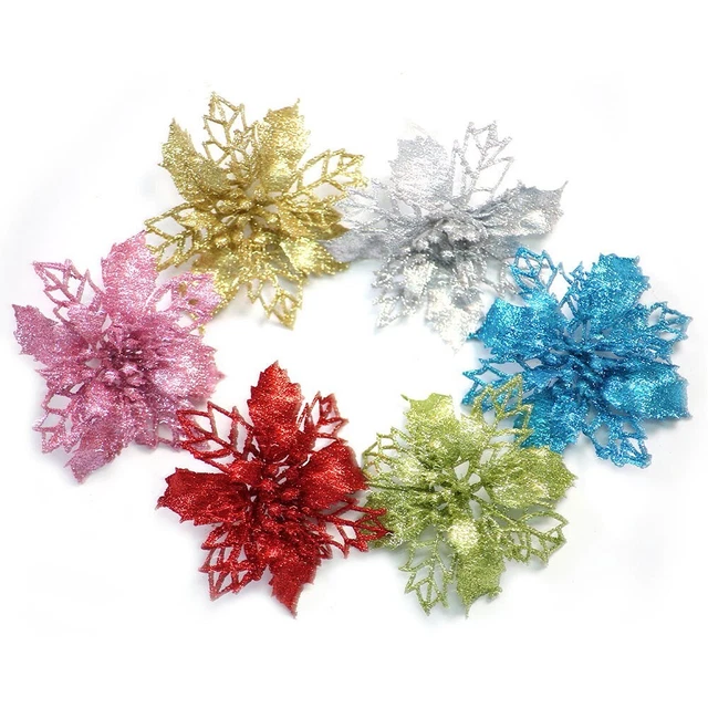 Grandi fiori glitter Poinsettia per decorazione albero di Natale 10 pezzi
