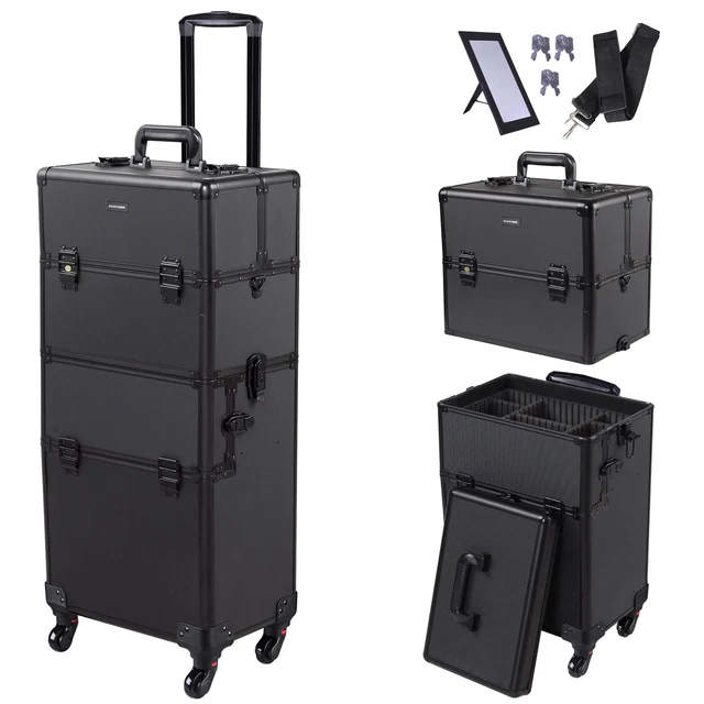 Estuche de maquillaje rodante de aluminio 2 en 1 artista bloqueable tren cosmético 4 ruedas negro