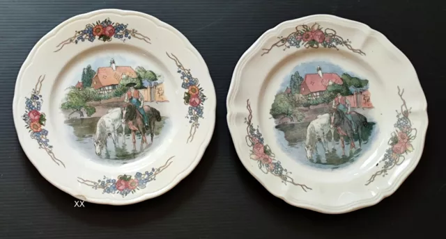 2 Assiette A Dessert Faience Sarreguemines Obernai Decor Loux Chevaux En Alsace