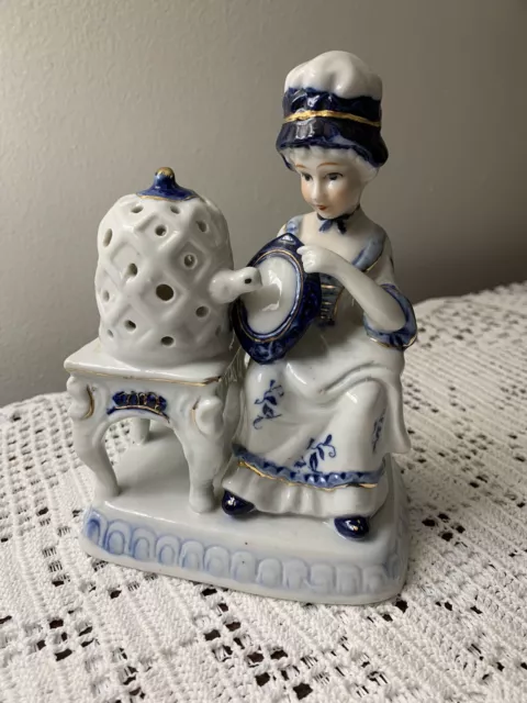 Vintage Blue & White Gold Gilt Porcelain Lady Sitting with Birdcage & Bird ￼