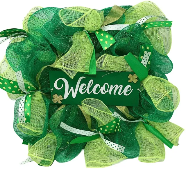 Northeast Home Goods Irish St Patrick's Day Welcome Wood Mesh and Ribbons Wreath