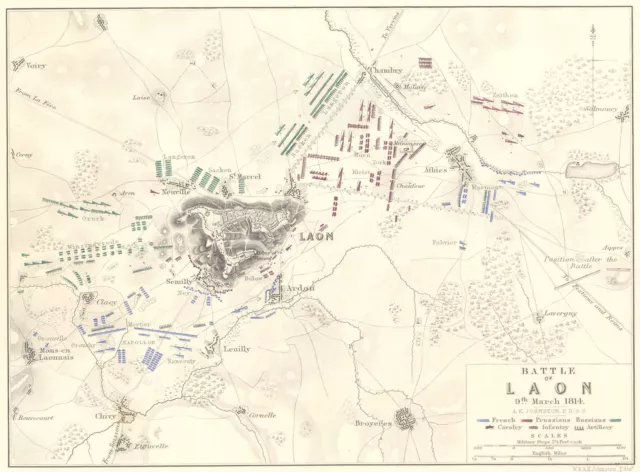 BATTLE OF LAON. 9 March 1814. Aisne. Napoleonic Wars 1848 old antique map