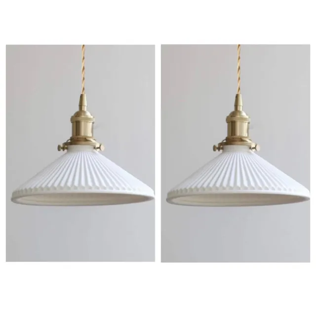 Two White Ceramics Pendant Lights Brass Socket with Switch Hanging Lamps Min...