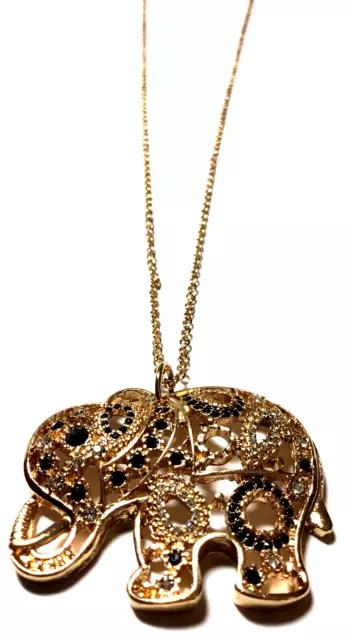 Gold Tone Filigree Trunk Up Lucky Elephant Pendant Necklace