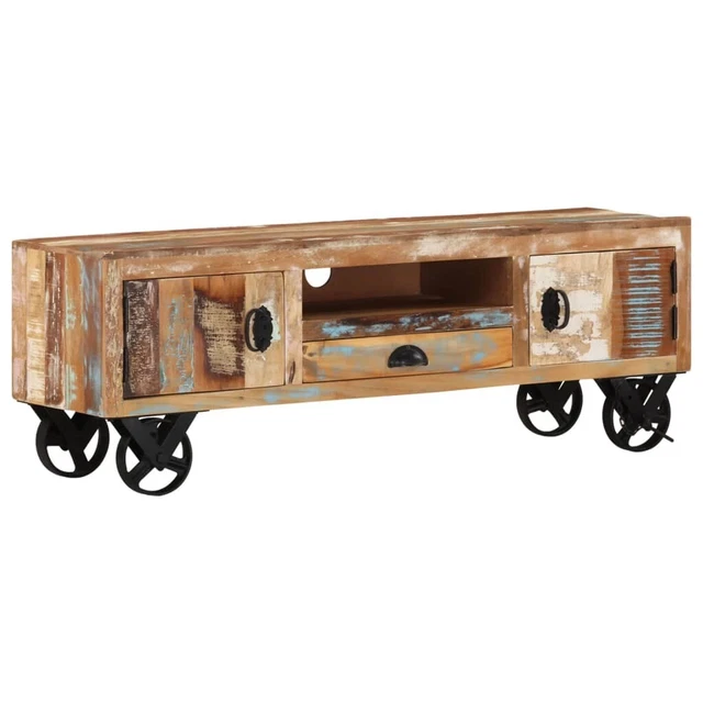 Solid Reclaimed Wood TV Cabinet Stand Unit With Wheels Vintage Retro Industrial