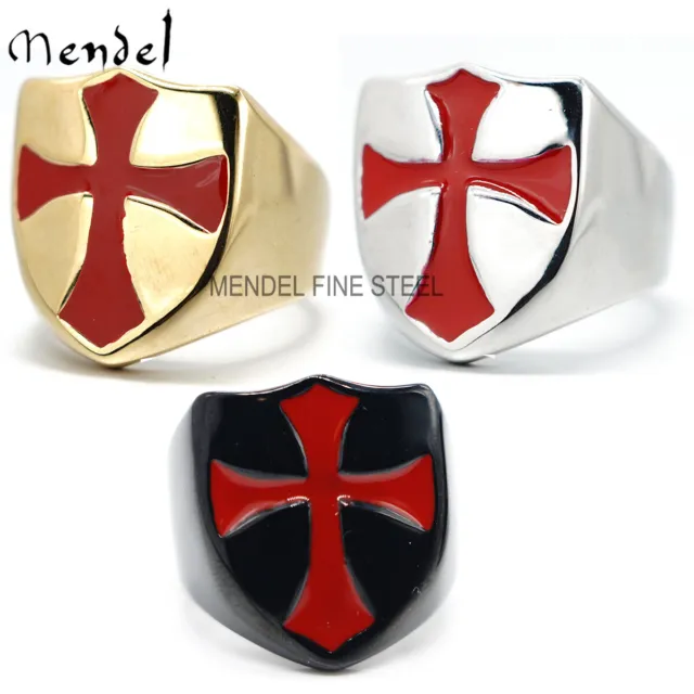 MENDEL Mens Gold Plated Christian Knights Templar Cross Shield Ring Size 7-15