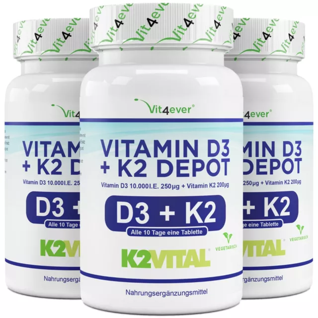 3x 100 Tabletten - Vitamin D3 10000 IE. + Vitamin K2 200 mcg - MK7  Vegetarisch