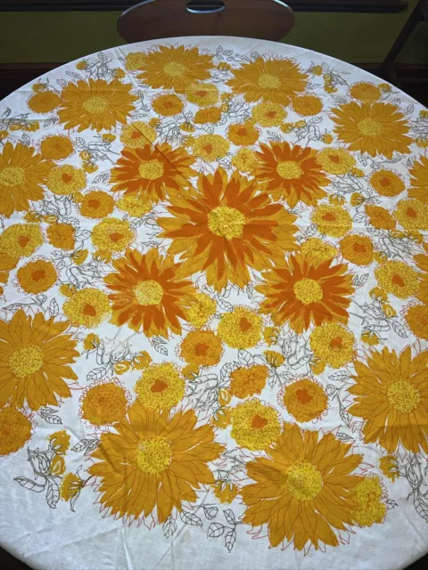 Vintage Vera Neumann 58”Round tablecloth Yellow Orange White Floral🌼