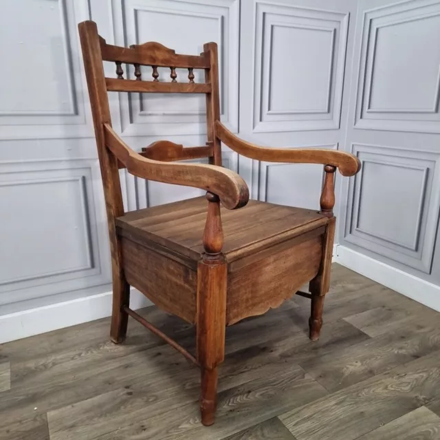 Antique Vintage Solid Wooden Oak Turned Hall Throne Chair Seat - Victorian 2