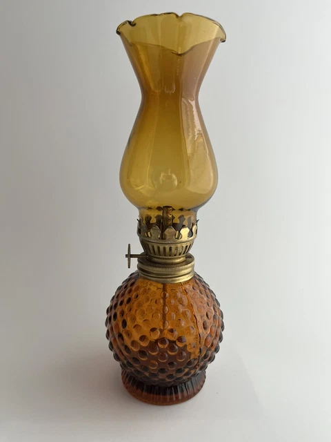 Vintage Small Miniature Hobnail Amber & Brown Hurricane Lamp 8" Made Japan