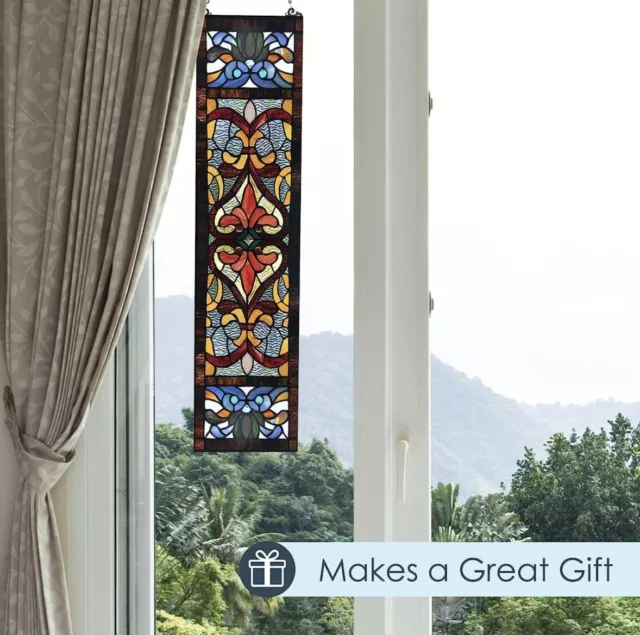 Stained Glass Victorian Panel Fleur De Lis 36 Inch High Red, Blue, Amber