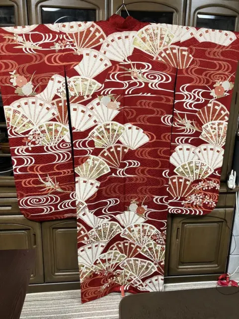 Japanese Silk Kimono Vintage Furisode Gold Red Fan Wave Flower Grass White 66"