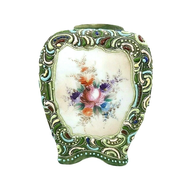 Nippon Moriage Vase Hand Painted Green Floral Medallion Antique Porcelain 4.5"