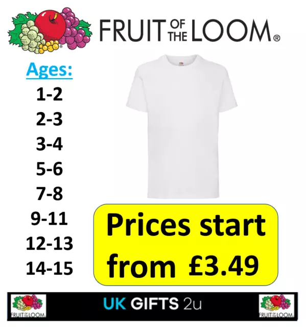 Plain White Children Kids Boys Girls Cotton Tee T-Shirt Fruit of Loom school PE