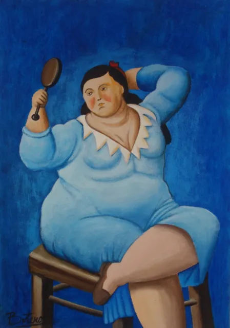 Fine unique painting – Mexican Expressive portrait, signed Botero