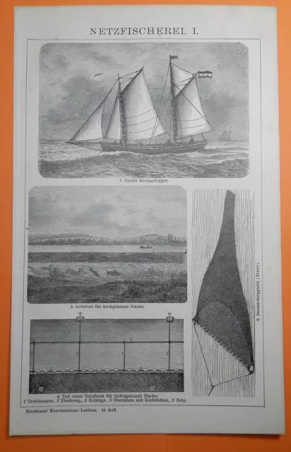 Netzfischerei Fischen  Reuse Schleppnetz Holzstich 1895 Fischer Netz