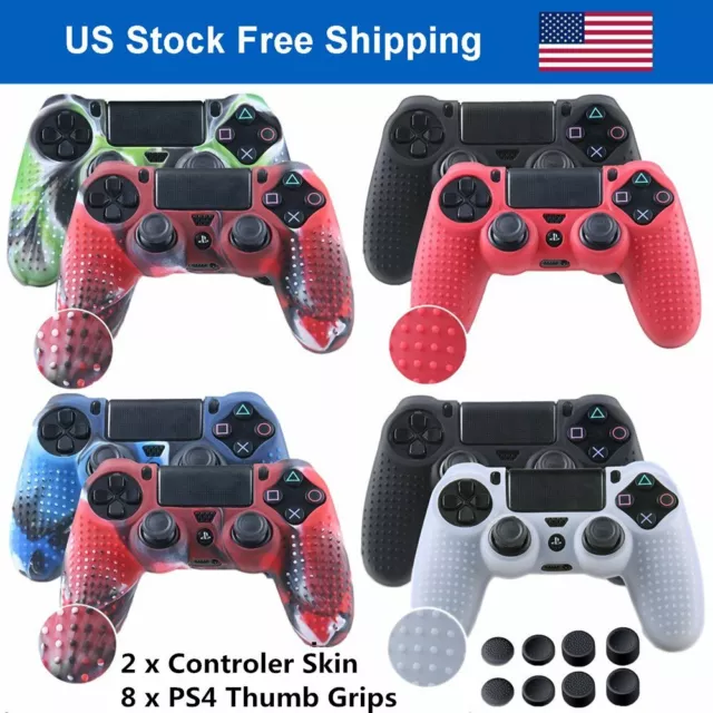 For PS4 Controller Silicone Protector Case Cover Set Anti-slip with 8 Thumb Grip