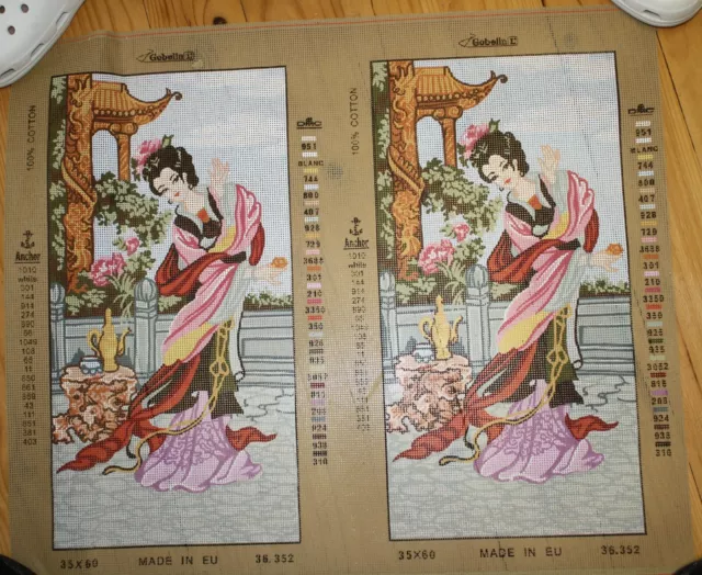 Gobelin Needlework Tapestry Canvas Pair Japanese Lady 36.352