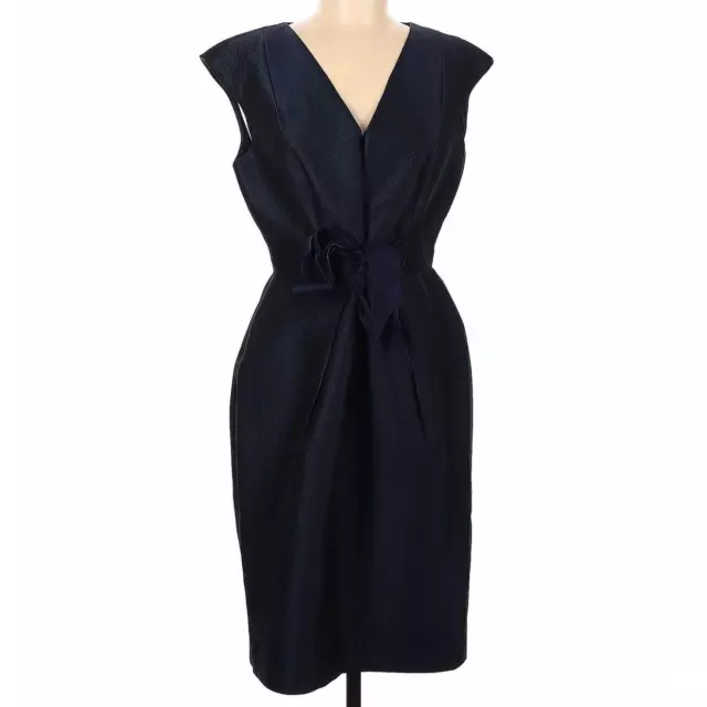 Carmen Marc Valvo Navy Blue Silk Blend Sleeveless V-Neck Belted Dress Size 10