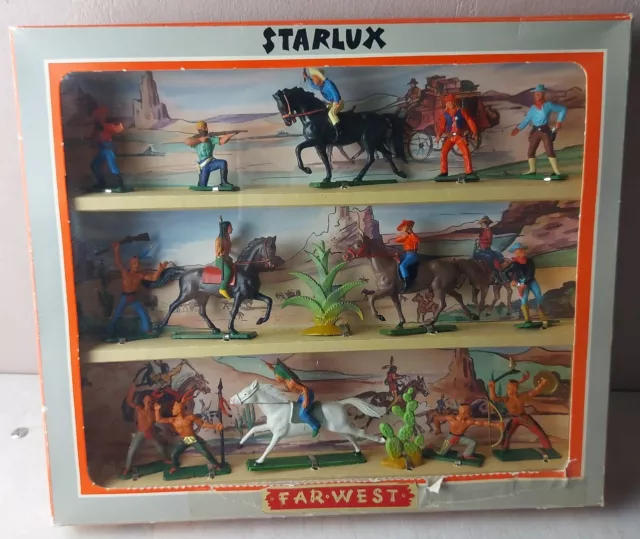 Ancien coffret 3 étages, 16 pièces, cowboys + indiens, Farwest Western, Starlux