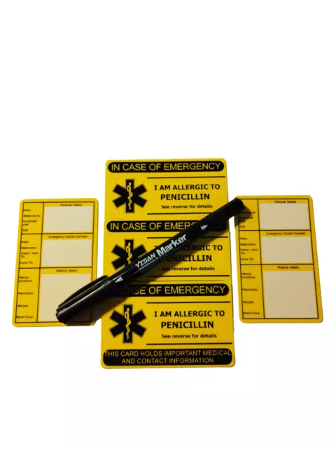 I am Allergic to Penicillin Alert ID Card Set of 5 + Fine tip Permanent Marker