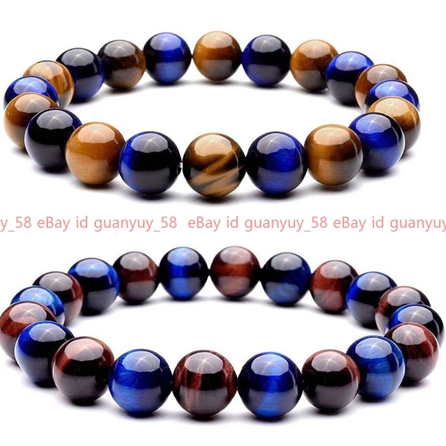 Beautiful Natural Red Yellow Blue Tiger's Eye Gems Beads Elastic Bracelet 7.5"