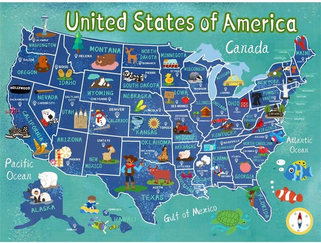 WOODEN UNITED STATES Map Puzzle for Kids Ages 4-8 Learning USA Map 60