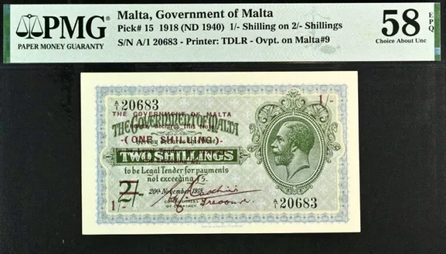 Malta 1/- Shillings Pick# 15 1918 (ND 1940) PMG 58 EPQ About Unc Banknote