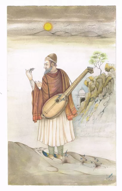 Hand-Painted Indian Persian Miniature Painting Old Man With Musical Instrument